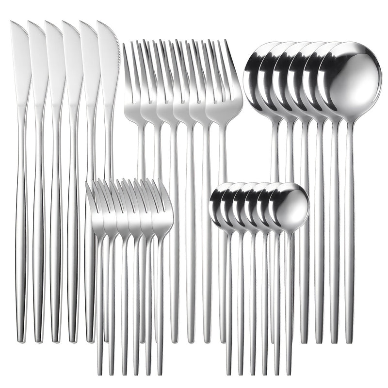 1 Juego De 30 Piezas, Cubiertos Portugués De Acero Inoxidable, Incluye Cuchillo De Carne, Tenedor, Cuchara Y Cucharita De Té, Tenedor De Cena, Cuchara De Cena, Tenedor De Frutas, Cuchara De Postre, Apto Para Lavavajillas, Pulido A Espejo, Para Hogar, Res