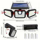 Luz solar exterior con 74 LED, diseño giratorio 360° de 3 cabezas, iluminación en 3 lados, sensor de movimiento con encendido automático, doble batería de alta capacidad, 3 niveles de intensidad, ideal para jardín, garaje, porche y caminos (2 baterías de