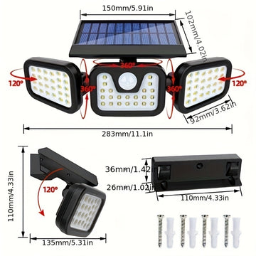 Luz solar exterior con 74 LED, diseño giratorio 360° de 3 cabezas, iluminación en 3 lados, sensor de movimiento con encendido automático, doble batería de alta capacidad, 3 niveles de intensidad, ideal para jardín, garaje, porche y caminos (2 baterías de