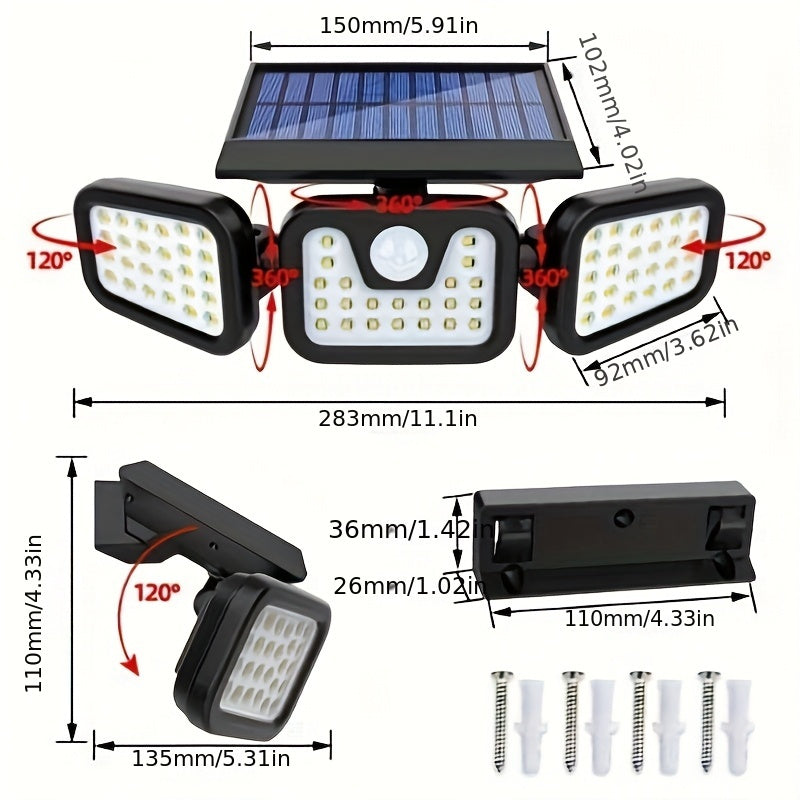 Luz solar exterior con 74 LED, diseño giratorio 360° de 3 cabezas, iluminación en 3 lados, sensor de movimiento con encendido automático, doble batería de alta capacidad, 3 niveles de intensidad, ideal para jardín, garaje, porche y caminos (2 baterías de