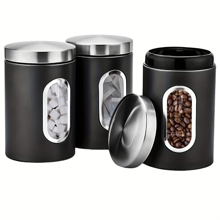 Juegos de Recipientes para la Cocina, Set de 3 Piezas para Almacenar Azúcar, Harina y Té en Acero Inoxidable con Ventana Transparente para Organizar el Mostrador