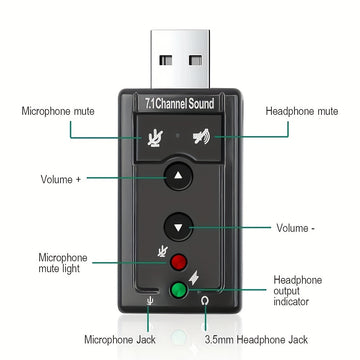 Tarjeta de sonido USB virtual 7.1 canales, adaptador de audio externo USB 2.0 para micrófono, parlantes y auriculares con conector estéreo de 3.5mm