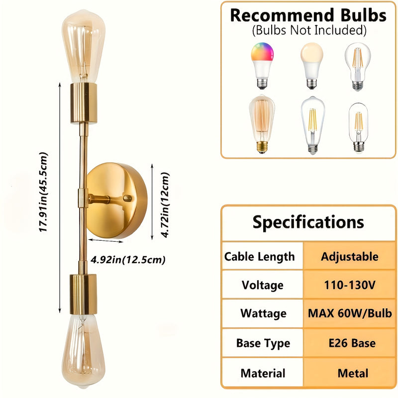 2 piezas de modernos candelabros de pared con bombillas Edison - Montaje semienterrado, diseño de metal negro, ideal para baño, pasillo, dormitorio y cocina (bombillas no incluidas), iluminación de baño | Lámpara de pared elegante | Lámpara de pared dura