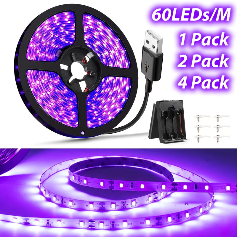 1/2/4 Paquete de Luces UV Negras con Enchufe USB, 5V LED Adhesivo Luz Negra 385-400nm, para Halloween/Navidad, Pintura en Vidrio y Fiestas Luminosas, 2.5m/paquete, 150LED/paquete, Ideal para Navidad