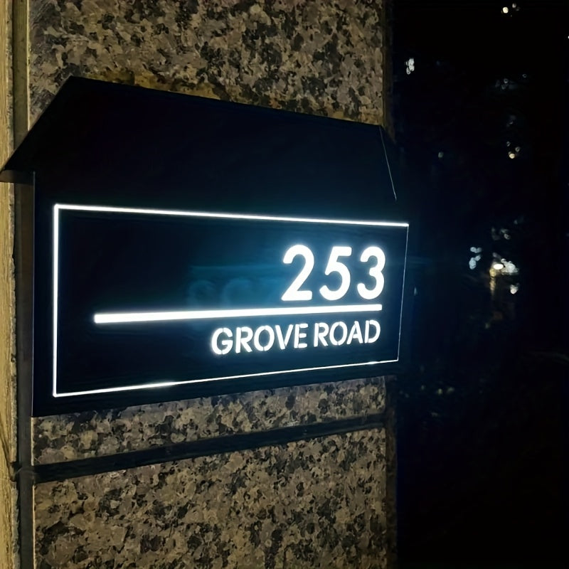 Placa de Dirección Solar para Exteriores - Letrero Personalizado con Encendido/Apagado Automático (Amanecer/Crepúsculo), Cargador Solar y Batería de Respaldo, Diseño Moderno en /Neón Brillante - Placa Numérica para Puertas Residenciales/Comerciales, Visi