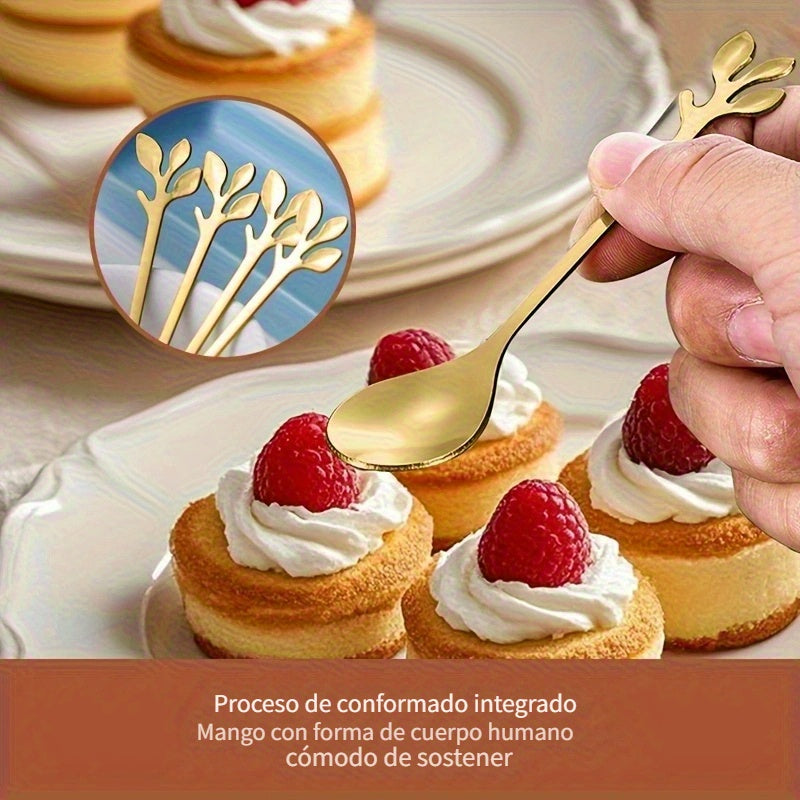 Juego de 20 Piezas de Tenedores y Cucharas Doradas en Acero Inoxidable con Forma de Hoja, Cubiertos para Postres Elegantes y Duraderos, Antióxido y Fáciles de Limpiar | Ideales para Mezclar Frutas, Aperitivos, Pasteles, Ensalada de Queso - Perfectos para