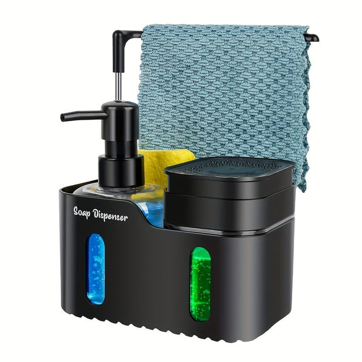 Juego de Dispensador de Jabón para Manos y Lavavajillas, Organizador 4 en 1 con Portaesponja y Portapaneles para Encimera de Cocina, Utiles Prácticos para la Cocina