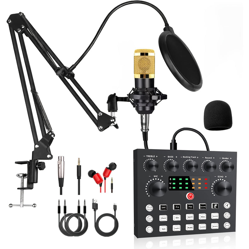 Interfaz de audio V8S Kit de podcast todo en uno con micrófono de condensador BM800 - Ideal para grabación, canto, transmisión en vivo y juegos - Carga USB, batería recargable, configuración de audio profesional, equipo de podcasting|Interfaz de audio pr