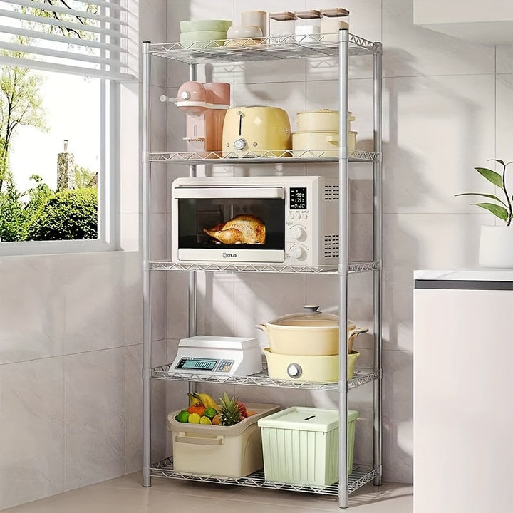 1 estante metálico ajustable de 4-5 niveles - Acero al carbono resistente, blanco con tubos dorados, diámetro de 12-16mm, organizador de almacenamiento montado en el suelo para hogar, oficina o garaje, capacidad de 10-15kg, no requiere batería, ensamblad