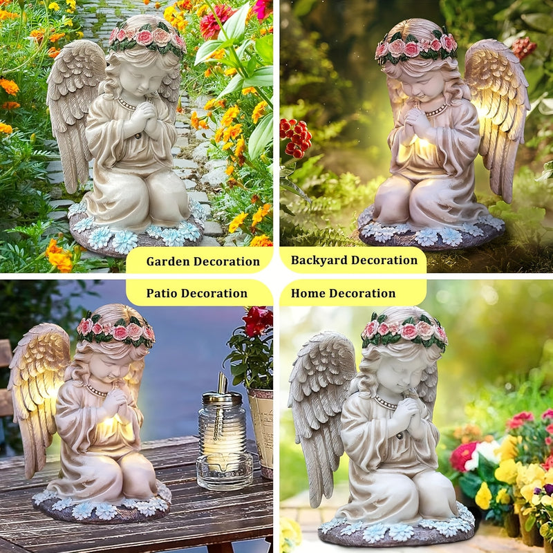 Estatuilla de ángel de resina con energía solar, figura coleccionable de temática cartoon, decoración versátil para interior y exterior, con batería incorporada, ideal para Navidad, Halloween, San Valentín y Día de la Madre