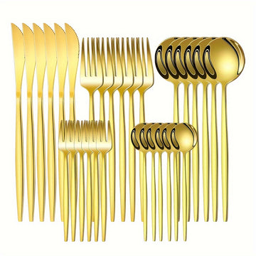 30 piezas de cubertería de acero inoxidable dorado - Cubertería elegante para fiestas, bodas, cumpleaños, cocina, hotel - Incluye cuchillos, tenedores, cucharas, cucharas de postre - Ideal para Navidad, Halloween, Pascua, Acción de Gracias, Graduación