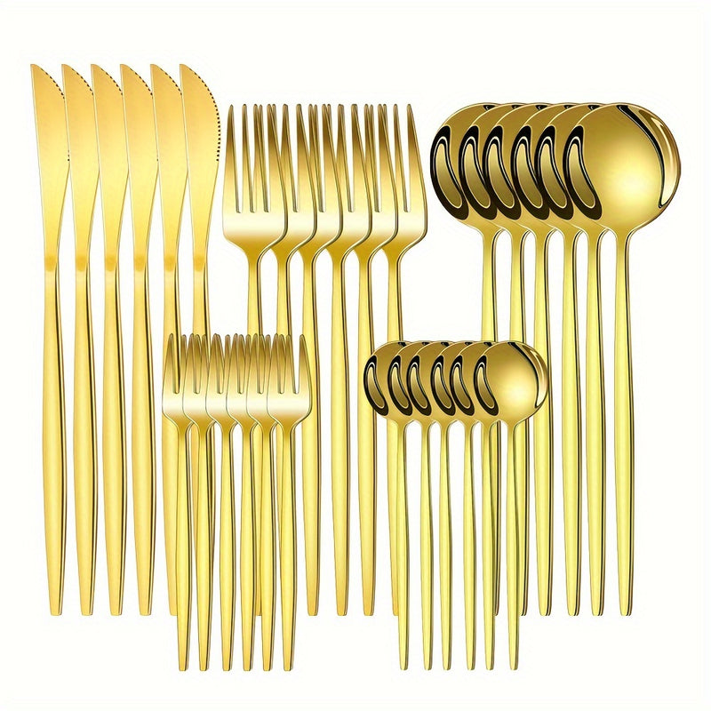 30 piezas de cubertería de acero inoxidable dorado - Cubertería elegante para fiestas, bodas, cumpleaños, cocina, hotel - Incluye cuchillos, tenedores, cucharas, cucharas de postre - Ideal para Navidad, Halloween, Pascua, Acción de Gracias, Graduación