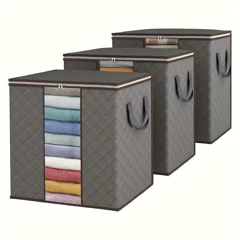 3 Bolsas de Almacenamiento Extra Grandes con Asas Reforzadas - Organizadores Plegables de 100L para Ropa, Mantas y Ropa de Cama, Ventana Transparente, Apilables - Gris
