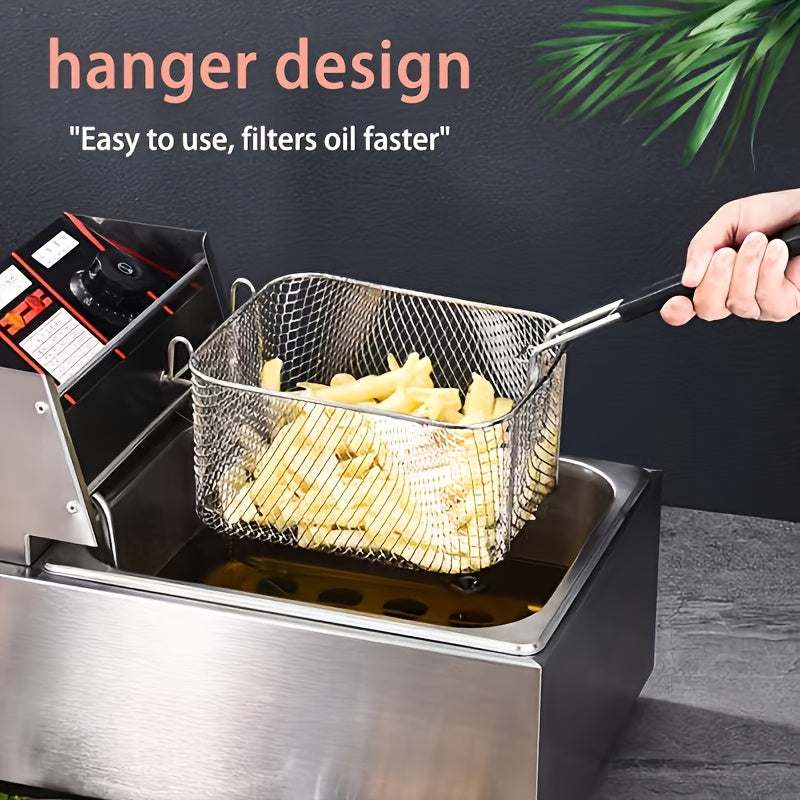 1 cesta de freír de acero inoxidable con mango de metal - Fácil de limpiar, plegable, resistente al calor, ideal para patatas fritas, alas de pollo | Herramienta de cocina comercial y doméstica, estructura de malla | Herramienta de cocina duradera, herra