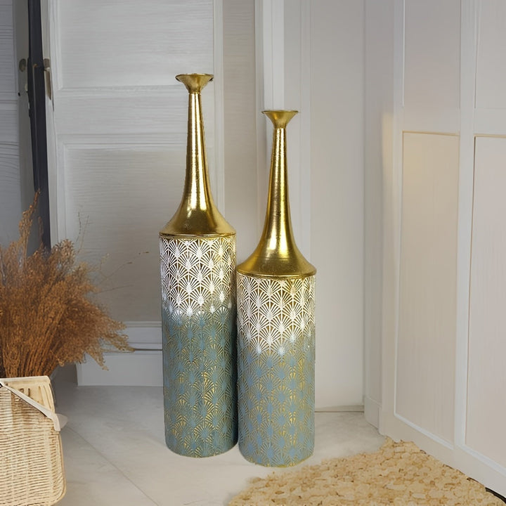 Juego de 2 Grandes Jarrones Decorativos Altos para Suelo - 23.4/26 pulgadas, Gran Jarrón Costero para Decoración del Hogar en la Sala de Estar, Jarrones Rústicos de Flores Metálicos para Planta y Casa de Campo