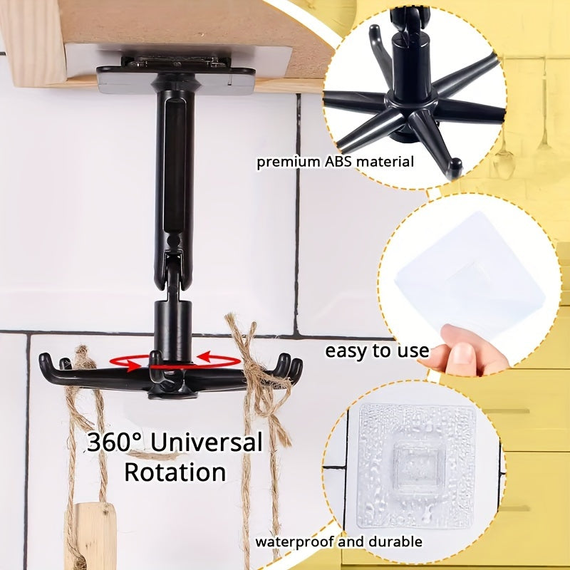 1/2 piezas de soporte para utensilios de cocina, gancho plegable giratorio de 360 grados, gancho abatible autoadhesivo debajo del gabinete, ganchos multifuncionales sin perforaciones para colgar, accesorios de baño y cocina