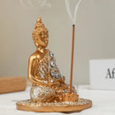 1pc Quemador de incienso de Buda dorado elegante, arte de resina con acentos de cristal, decoración zen para meditación, yoga, sala de té - Porta incienso sin humo para días festivos conmemorativos
