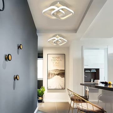 Lámpara de techo moderna blanca cuadrada con patrones geométricos - Iluminación ajustable, semi-inclinada para cocina, pasillo, balcón, escaleras y dormitorio, diseño cercano al techo, acabado metálico, cableado duro, 110V-240V, luces de techo para vivie
