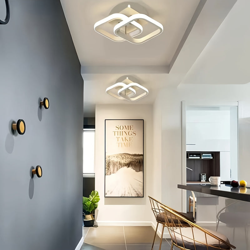 Lámpara de techo moderna blanca cuadrada con patrones geométricos - Iluminación ajustable, semi-inclinada para cocina, pasillo, balcón, escaleras y dormitorio, diseño cercano al techo, acabado metálico, cableado duro, 110V-240V, luces de techo para vivie