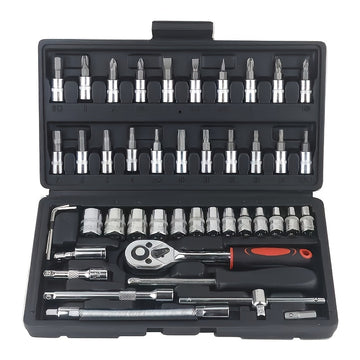 Juego de herramientas mecánicas para autos, 46 piezas, multifuncional con juegos de dados, llaves y trinquete, caja de herramientas resistente de metal con estuche de almacenamiento