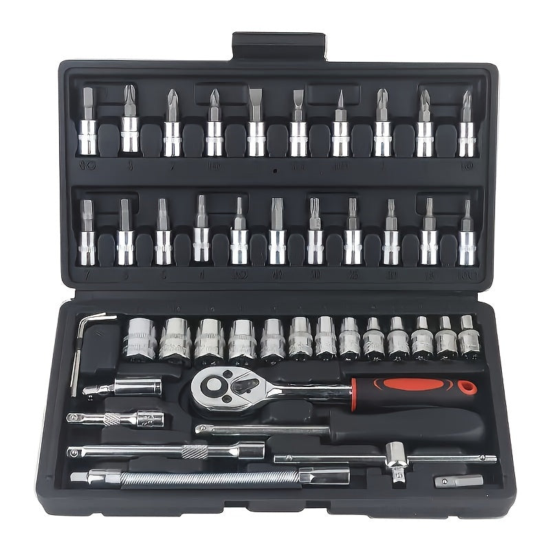 Juego de herramientas mecánicas para autos, 46 piezas, multifuncional con juegos de dados, llaves y trinquete, caja de herramientas resistente de metal con estuche de almacenamiento