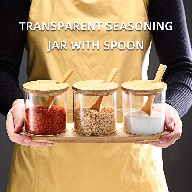 Tarro de Condimentos Transparente con Cuchara, Envase Hermético para Especias y Salsas en Vidrio Borosilicato, Almacenamiento Hogareño a Prueba de Humedad