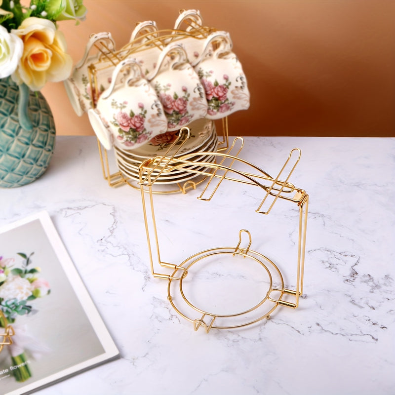 1 soporte plegable elegante de metal dorado para tazas y platillos, capacidad para 6 tazas de té florales, ideal para mostrador de cocina o sala de estar