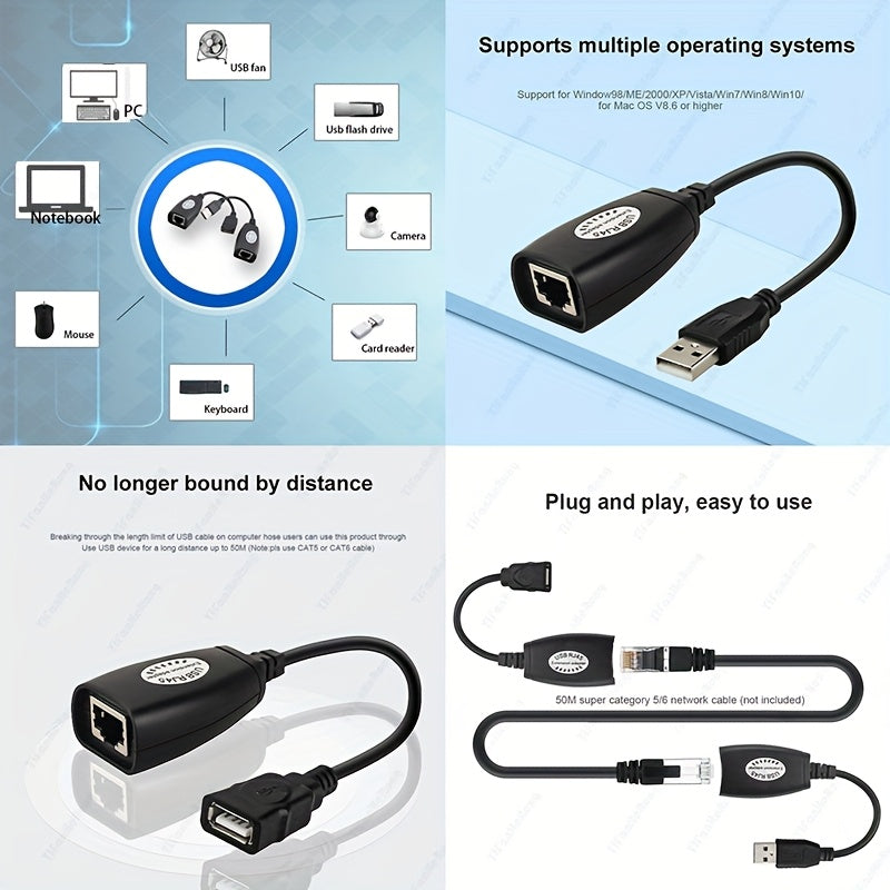 Adaptador de Extensión Ethernet Mini USB RJ45 de Alta Calidad, Extensor USB a RJ45 con Conector para Cable Cat5/Cat5e/Cat6/Cat7/Cat8, Soporta Longitudes Hasta 50m para Cables de Red Local