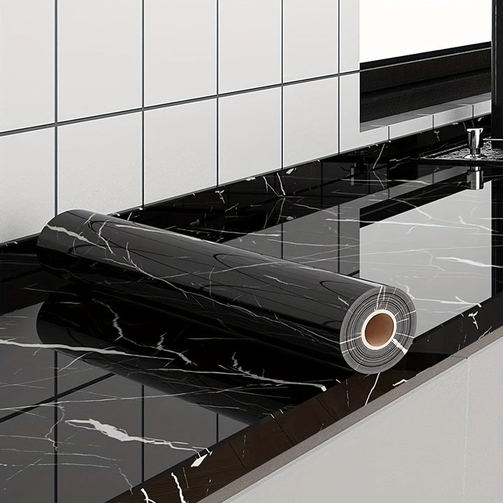 1pc Papel Pintado Autoadhesivo Impermeable - 40cm x 100cm, Patrón de Mármol Negro Brillante, Pegatina de Salpicadero de Cocina a Prueba de Aceite para Armarios, Encimeras y Paredes, Fácil de Cortar y Aplicar