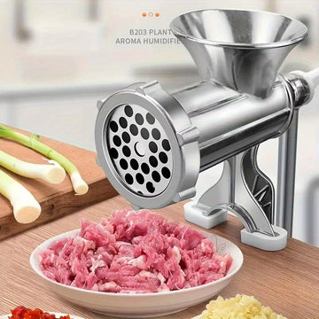 1pc Molinillo de carne de aleación de aluminio duradero manual con asa, molinillo de cocina a prueba de óxido y relleno de salchichas, operación suave para cocina en casa y fiestas, herramienta de preparación de alimentos | Apariencia metálica elegante |