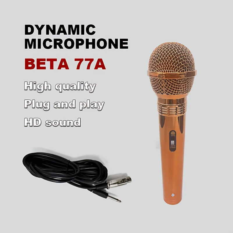 Microfono Profesional BETA 77A Dorado con Cable y Interruptor - Sonido HD Alimentado por USB, Conector de 6.35mm para Karaoke, Grabacións e Interpretaciones en Vivo - Micrófono Dinámico Portátil con Clip & Soporte Ajustable, Acabado Brillante, Construcci