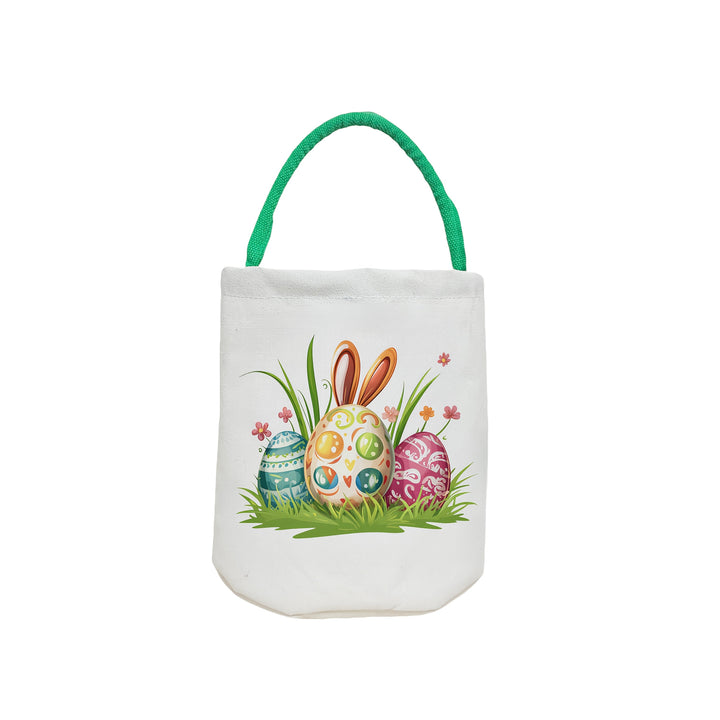 Una canasta de Pascua redonda con un diseño de conejo con asas, adecuada para niños y niñas. Perfecta para decorar con huevos de Pascua, juguetes, libros y regalos para las vacaciones.