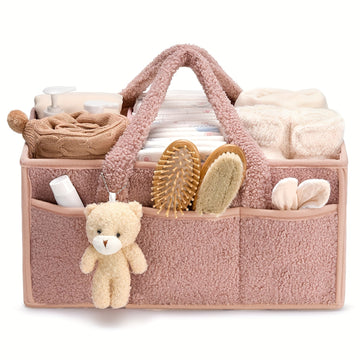 Organizador de pañales de felpa rosa con múltiples compartimentos - Cesta de almacenamiento portátil para pañales, toallitas y artículos esenciales, regalo de ducha perfecto, diseño clásico, interior de tela suave.