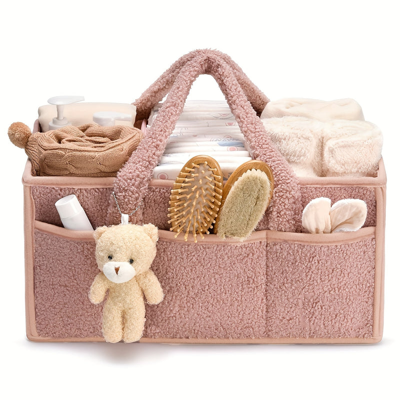 Organizador de pañales de felpa rosa con múltiples compartimentos - Cesta de almacenamiento portátil para pañales, toallitas y artículos esenciales, regalo de ducha perfecto, diseño clásico, interior de tela suave.
