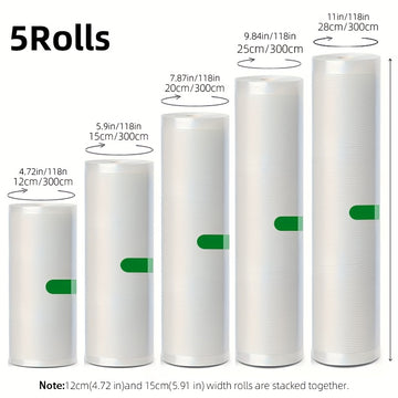 Juego de 5 Rollos Selladores al Vacío Libres de BPA, Bolsas Texturizadas Duraderas y Resistentes a Perforaciones, Ancho Variado (Diversos Anchos) y 3 Metros Cada Uno, Perfecto para la Conservación de Alimentos, Sous Vide y Almacenamiento en Gran Volume,