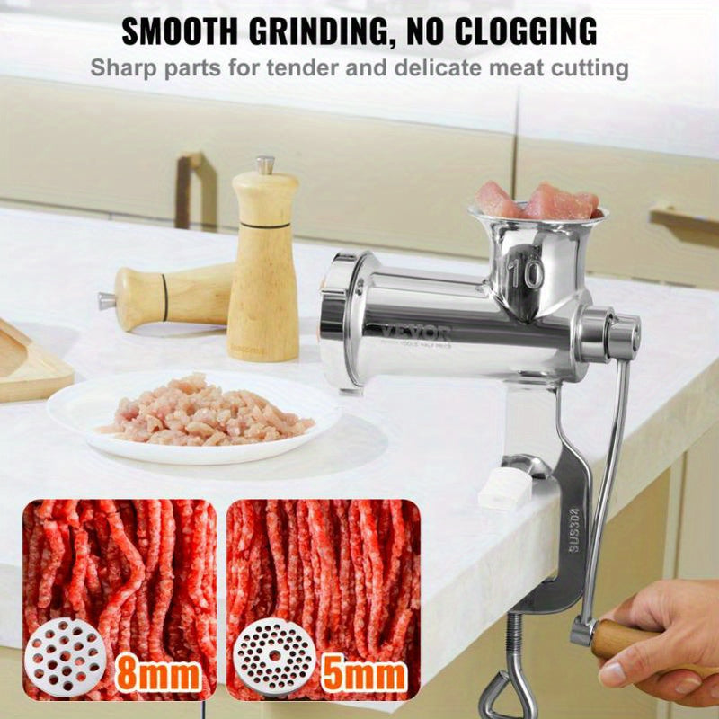 Molino de carne manual de acero inoxidable - Herramienta de cocina con manivela para picar carne y verduras, procesador de alimentos multifuncional no eléctrico con mango ergonómico, diseño duradero para cocina en casa, molino de verduras, acabado metáli