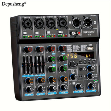 Consola de mezcla portátil G6 de DEPUSHENG, alimentada por USB, con 6 canales USB, controlador de sonido DJ con pantalla LCD, diseño compacto para grabación de PC, transmisión y uso en vivo, sistema de mezcla, apariencia simplificada, construcción de ale