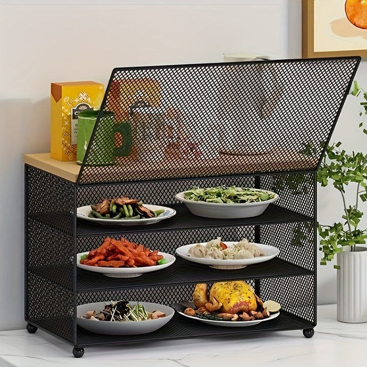 Estante de almacenamiento de cocina de metal negro de 3 niveles con cubierta de malla - Organizador de capas múltiples para sobras, platos, tazas y utensilios - Organizador de encimera que ahorra espacio para uso doméstico y restaurante, organizadores y