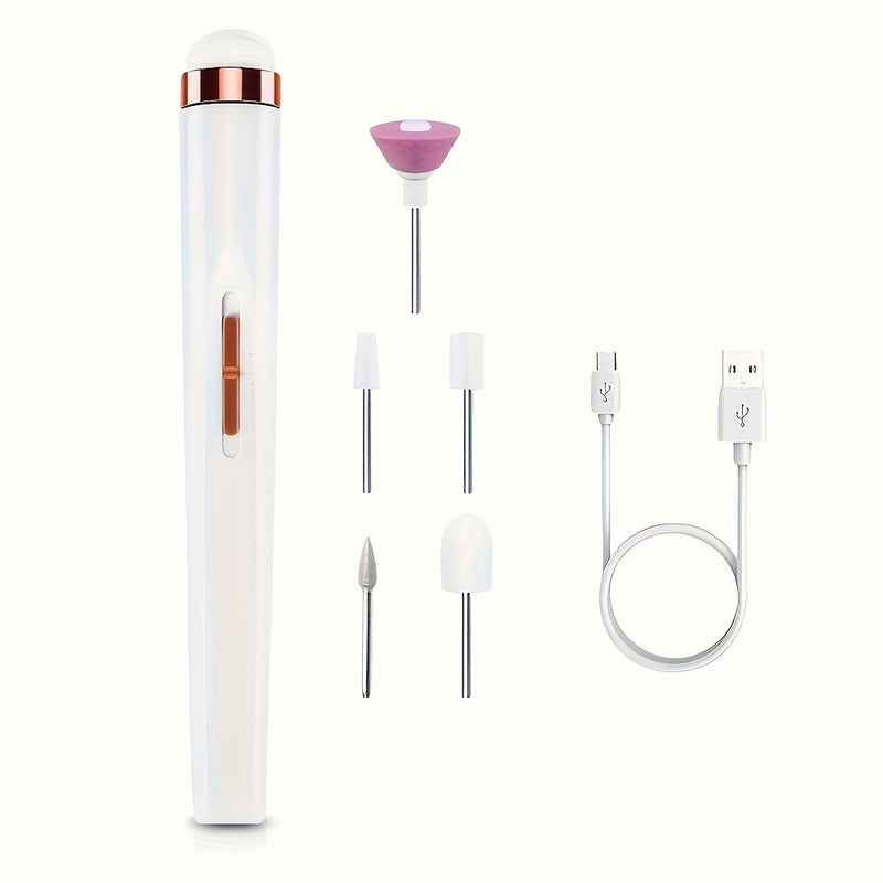 Broca Portátil para Uñas con 5 Accesorios, USB y Luz LED, Velocidad Ajustable para Herramientas de Manicura y Pedicura