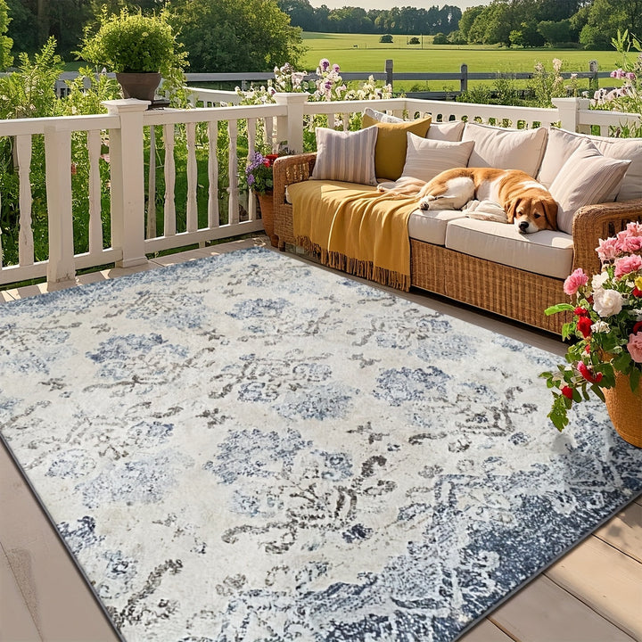 Alfombrilla de exteriores con diseño floral azul ZULIDA - Lavar en máquina, alfombrilla rectangular de poliéster para patio, sala de estar, dormitorio - Diseño duradero y elegante, alfombras para sala de estar
