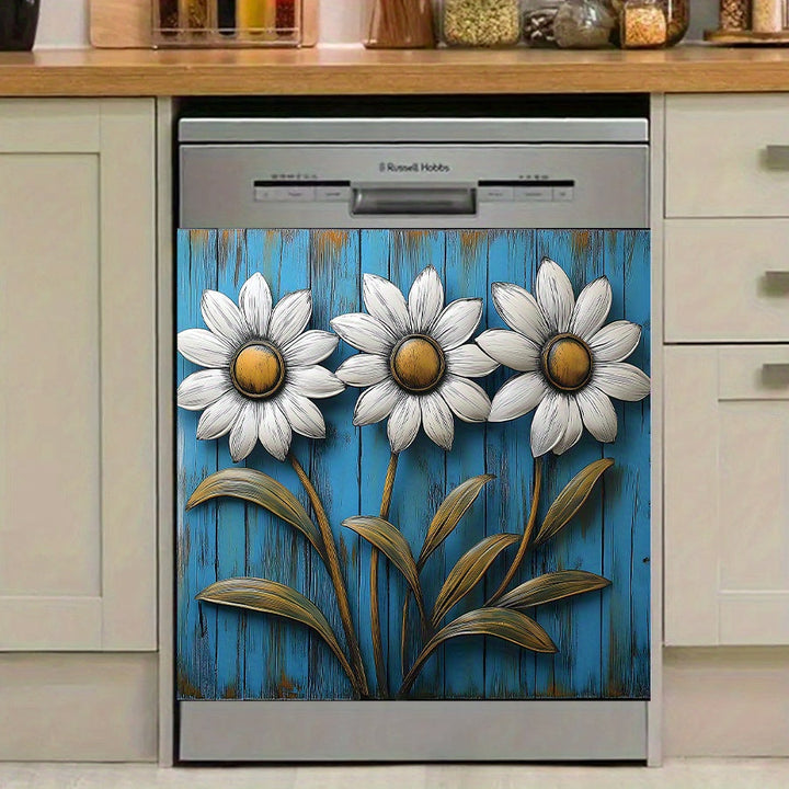 1pc Adhesivo Rústico de Margarita para Lavavajillas - Diseño de Campo de Margaritas en 3D, Pegatina Autoadhesiva de PVC para Armarios de Cocina, Puertas de Despensa y Horno - Decoración Hogareña Amigable para Inquilinos con Flores Blancas y Naranjas sobr