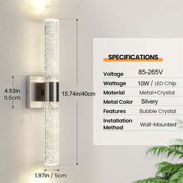 Aplique Moderno para Baño Aplique Plateado Iluminación de Pared Aplique de Pared LED de Cristal 39.88 cm 5000K Aplique de Tocador de Baño Montado en Pared Vertical y Horizontal para Dormitorio y Sala de Estar