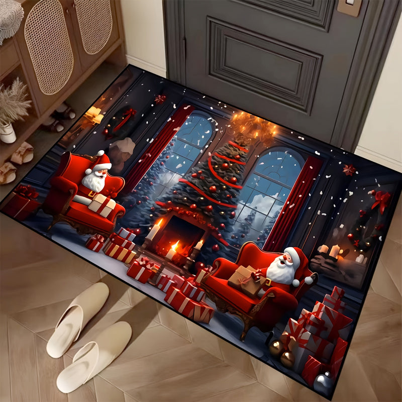 Tapete de puerta navideño de Papá Noel festivo - Tapete de poliéster lavable en máquina antideslizante con escena de chimenea acogedora para decoración navideña, perfecto para la entrada, tapete de decoración navideña | Diseño de chimenea acogedora | Tap