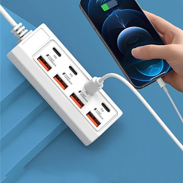Centro de carga USB de 8 puertos con carga rápida de 25W, interfaz múltiple, compatible con teléfonos inteligentes y dispositivos, ≤36V, centro de hogar inteligente | Estación de carga moderna | Centro de carga compacto, estación de carga USB