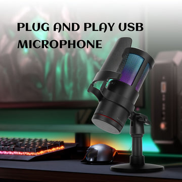 Micrófono USB Plug & Play de 1 pieza con Luces RGB, Control de Volumen, Función Silenciosa, Conector USB-C, Cuerpo de Resina ABS, para Karaoke, Transmisión en Vivo, Juegos, Videollamadas, , LMGBM