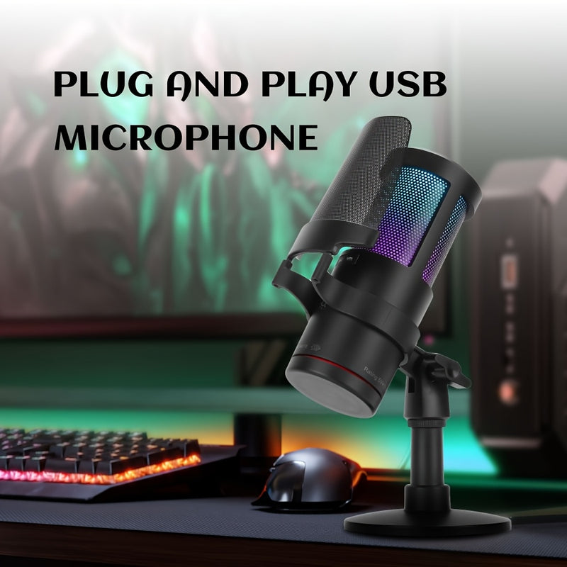 Micrófono USB Plug & Play de 1 pieza con Luces RGB, Control de Volumen, Función Silenciosa, Conector USB-C, Cuerpo de Resina ABS, para Karaoke, Transmisión en Vivo, Juegos, Videollamadas, , LMGBM