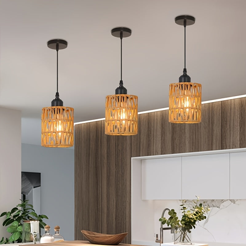1 lámpara colgante de estilo bohemio - Sombrilla de mimbre tejido a mano, lámpara colgante ajustable de estilo granjero con enchufe E27, ideal para decoración de islas de cocina, comedor, sala de estar, bar y dormitorio, acabado metálico moderno, no incl