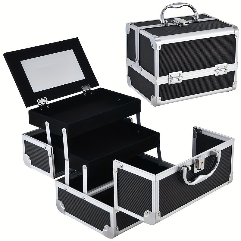 Maletín profesional para maquillaje de viaje - Organizador de cosméticos portátil de 6.7x6.7x9 pulgadas con espejo, porta brochas y llave de seguridad - Ideal para guardar joyas y artículos de baño