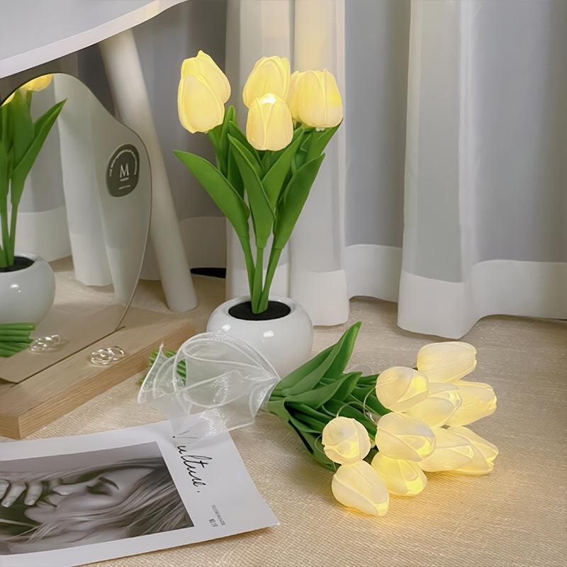 Luz Nocturna LED de Tulipán - 5/10/15 Flores, Funciona con Pilas (AA), Perfecta para Regalos de Parejas y Cumpleaños, Adorno Decorativo Moderno para Mesa