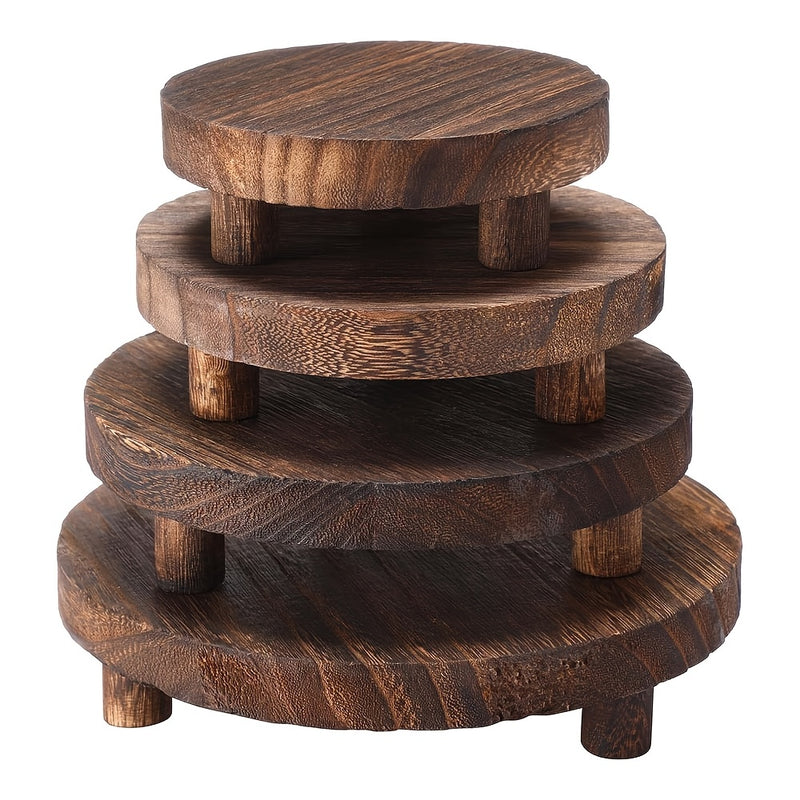 Soporte de Exhibición de Madera para Escritorio de 4 Piezas, Base de Madera para Exhibición, Soporte Redondo Mini, Antiguo de Madera, Utilizado para Decoración de Bandejas Superpuestas, Adecuado para Cocina de Hogar, 4 Tamaños